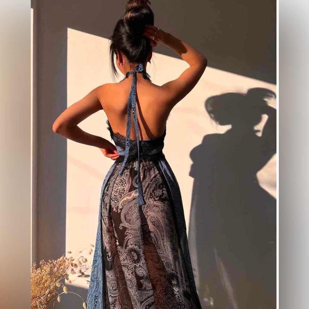Zara Black and Blue Lace Backless Dress - Picture 5 of 16